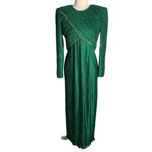 Vintage 80s George F Couture Evening Dress S Green Accordion Pleats Designer Zip